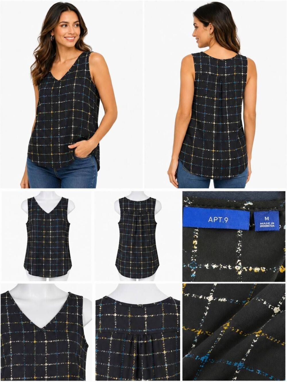 APT.9 Women’s Windowpane Plaid Sleeveless Blouse Tank Top M